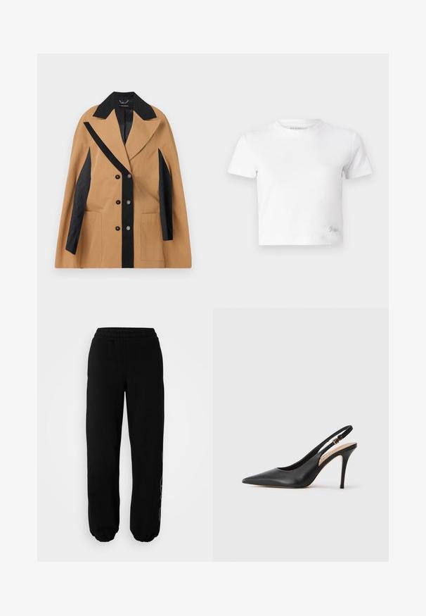 Casaco bege com detalhes pretos, lapelas largas, frente dupla, e dois bolsos laterais; apresenta um tecido texturizado e padrões geométricos.; T-shirt cropped branco feito de algodão suave, com um decote alto e mangas curtas. Pequeno logótipo bordado no canto inferior.; Calças de treino pretas com um cós elástico e punhos. Feitas de um tecido macio com um detalhe de design discreto na perna esquerda.; Sapato de salto alto em pele preta, com biqueira pontiaguda, textura suave e uma tira delicada com uma fivela metálica.