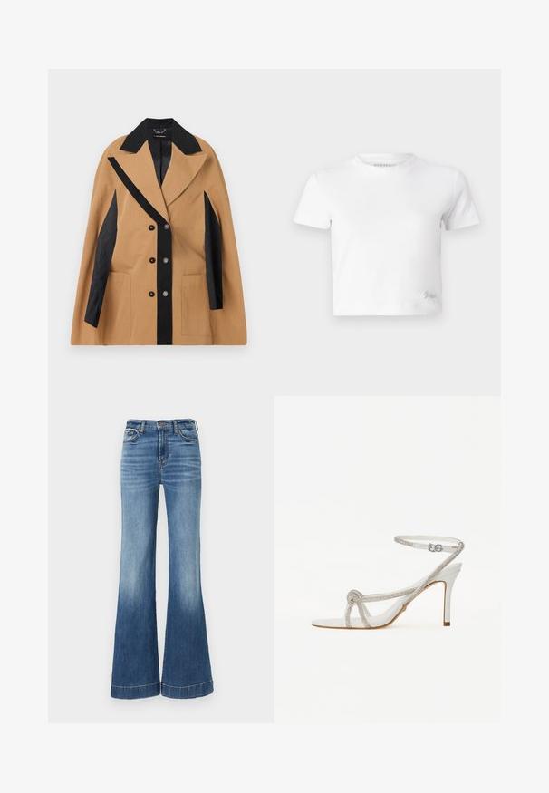 Béžová bunda s černými akcenty, širokými klopami, dvouřadým zapínáním a dvěma bočními kapsami; má strukturovanou látku a geometrické vzory.; Bílý zkrácený tričko z hladké bavlny, s vysokým výstřihem a krátkými rukávy. Malá vyšitá logo v dolním rohu.; Modré denimové zvonové džíny s vysokým pasem, s výrazně světlejším vyblednutím na spodní části a prošitím na lemu. Klasický design s pěti kapsami.; Bílé sandály na vysokém podpatku s texturovaným páskem zdobeným rhinestony, otevřená špička a kotníkový pásek s nastavitelnou sponou.