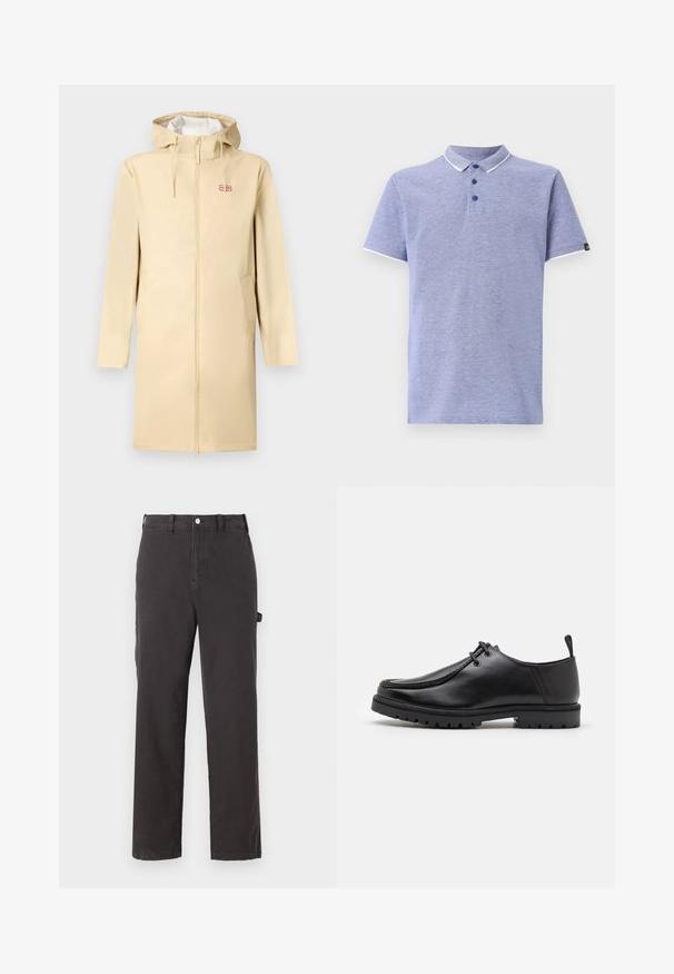 Bež vihmastik, millel on kuni lukuga esikülg, kuhu kuulub ka kapuuts ja nöörid. Omab kahte küljetaskut ja väikest logoplaati rinnal.; Heleda sinise kangaga polo särk, lühikeste varrukatega, krae, kolme nööbiga klapp ja kontrastsed valged detailid krael ja varrukatel.; Tumedat hallid puuvillased püksid otse jalgekujundusega, ees nupuga kinnitamine ja küljetaskud, valmistatud vastupidavast kangast.; Must küljest musta nahast sidumisjalatsiga, millel on tugeva tallaga ja kandmiselauaga, valge tausta ees.