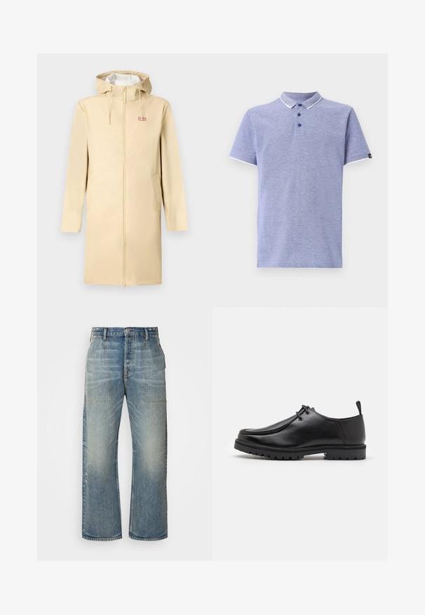 Imperméable beige avec fermeture éclair à l'avant, capuche et cordons de serrage. Comprend deux poches latérales et un petit écusson logo sur la poitrine.; Polo en tissu bleu clair avec des manches courtes, un col, une patte de boutonnage à trois boutons et des accents blancs contrastants sur le col et les manches.; Jeans en denim bleu clair à jambes larges avec une taille haute, deux poches avant et un léger dégradé. Design classique à cinq poches.; Chaussure en cuir noir à lacets avec une semelle robuste et une languette au talon, montrée de côté sur un fond blanc.
