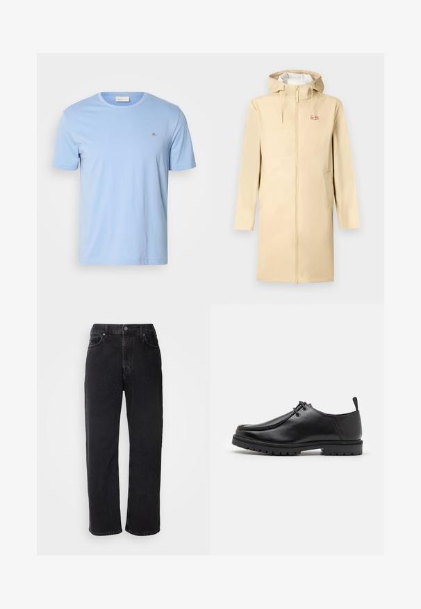 Beige vandtæt regnfrakke med lynlås foran, hætte og snore. Har to sidelommer og et lille logo-patch på brystet.; Lyseblå kortærmet t-shirt lavet af bomuld. Har en rund halsudskæring og et lille broderet logo på venstre bryst. Blød tekstur.; Sorte denim jeans med lige snit, fem lommer og kontrasterende syninger. Har en knaplukning og bæltestropper i taljen.; Sort læder snøresko med en robust sål og en pull tab ved hælen, vist fra siden på en hvid baggrund.