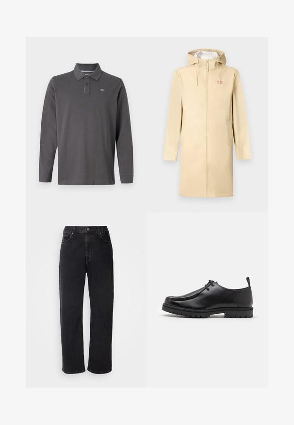 Beige wasserdichter Regenmantel mit einem Reißverschluss vorne, Kapuze und Kordeln. Verfügt über zwei Seitentaschen und ein kleines Logo-Patch auf der Brust.; Langärmliges Poloshirt aus dunkelgrauer Baumwolle, mit Kragen, drei Knöpfen und kleinem Logo auf der linken Brust.; Schwarze Jeans aus Denim mit geradem Schnitt, fünf Taschen und kontrastierenden Nähten. Verfügt über einen Knopfverschluss und Gürtelschlaufen am Taillenbund.; Schwarze Leder-Schnürschuhe mit robustem Sohlenprofil und Zuglasche an der Ferse, von der Seite auf einem weißen Hintergrund gezeigt.