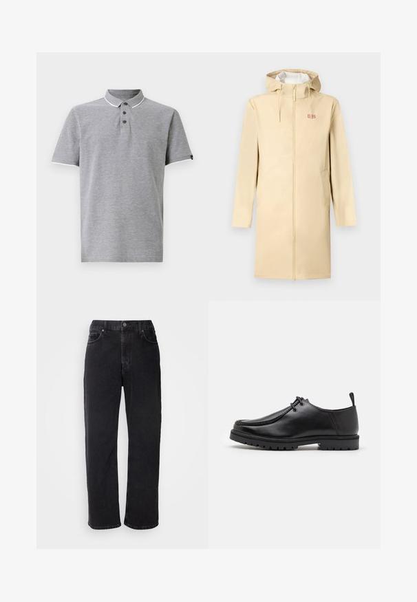 Beige nepromokavý plášť s kapucí a zipem vpředu. Obsahuje dvě boční kapsy a malou nášivku s logem na hrudi.; Šedé polo tričko s límečkem, které má tříknoflíkovou légu, bílé akcenty na límci a rukávech a jemnou texturu.; Černé džínové kalhoty s rovný střih, pěti kapsami a kontrastním prošíváním. Mají zapínání na knoflík a poutka na opasek.; Černé kožené šněrovací boty s robustní podrážkou a poutkem na patě, zobrazené ze strany na bílém pozadí.