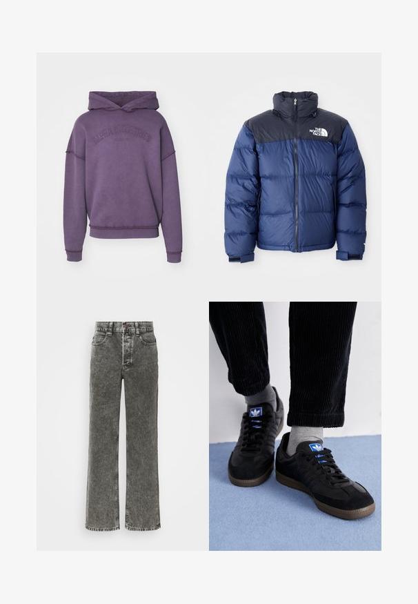 Doudoune bleu marine avec une section supérieure noire, col montant, fermeture éclair sur le devant et logo sur la poitrine. Texture volumineuse et poignets élastiques.; Haut à capuche violet avec une poche kangourou à l'avant, logo de la marque brodé, et poignets et ourlet en côte. Fait en tissu doux et texturé.; Trois débardeurs blancs côtelés en coton. Présentent un col rond et de petites étiquettes noires près de l'ourlet. Disponibles en plusieurs tailles.; Jean large en denim noir délavé, avec une fermeture à bouton, un design à cinq poches et des coutures contrastées le long des coutures.; Baskets noires en suède et cuir, avec un logo bleu et une semelle en caoutchouc marron. Associées à des chaussettes grises et un pantalon en velours côtelé.