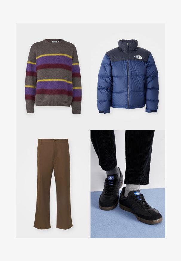 Tumesinine puhvjakas, millel on must ülemine osa, kõrge krae, eesmine visiir ja logo rinnal. Mahukas tekstuur ja elastsed mansetid.; Kohviohuti sall, millel on horisontaalsed triibud lillades, punastes ja kollastes toonides. Kleidil on ümmargune kaelus ning soonikkoes mansetid ja äär.; Pruunid laiad püksid siledast kangast, millel on nööbiga sulgur, esipocketid ja sirged õmblused jalgade ääres.; Mustad mustad, mis on valmistatud siidist ja nahast, sinise logoga ja pruunist kummist tallaga. Kombineeritud hallide sokkide ja sametpükstega.