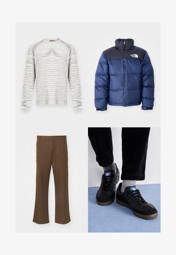 Navy blue puffer jacket featuring a black top section, high collar, front zipper, and logo on the chest. Bulked texture and elastic cuffs.; Knit sweater with a textured pattern in white, gray, and lavender. Features a round neckline and long sleeves. Simple, boxy shape.; Brown flared trousers made of smooth fabric with a button closure, featuring front pockets and straight seams along the legs.; Black sneakers with suede and leather material, featuring a blue logo and brown rubber sole. Paired with gray socks and corduroy pants.