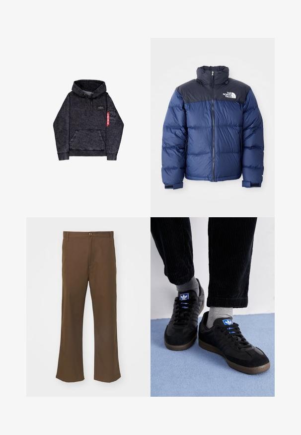 Mörkblå puffjacka med en svart övre del, hög krage, frontdragkedja och logotyp på bröstet. Fuktskyddande textur och elastiska ärmslut.; Svart melange hoodie med kenguruficka, justerbar dragskohuva, logopatch på bröstet och sidoficka med röd taggdetalj.; Bruna utsvängda byxor i ett glansigt tyg med knäppning, som har framfickor och raka sömmar längs benen.; Svarta sneakers med mocka- och lädermaterial, med en blå logotyp och brun gummisul. I kombination med grå strumpor och kordbyxor.