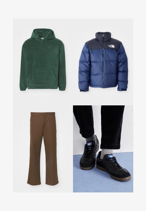 Mørkeblå pufferjakke med en sort topdel, høj krave, frontlynlås og logo på brystet. Føles bulky med elastiske manchetter.; Mørkegrøn fleece hoodie med kængurulomme, elastiske manchetter, justerbar snørrelse i hætten og broderet logo på brystet.; Brune flagrende bukser lavet af glat stof med knaplukning, der har forlommer og lige søm langs benene.; Sorte sneakers lavet af ruskind og læder, med et blåt logo og en brun gummisål. Kombineret med grå sokker og kordfløjlbukser.