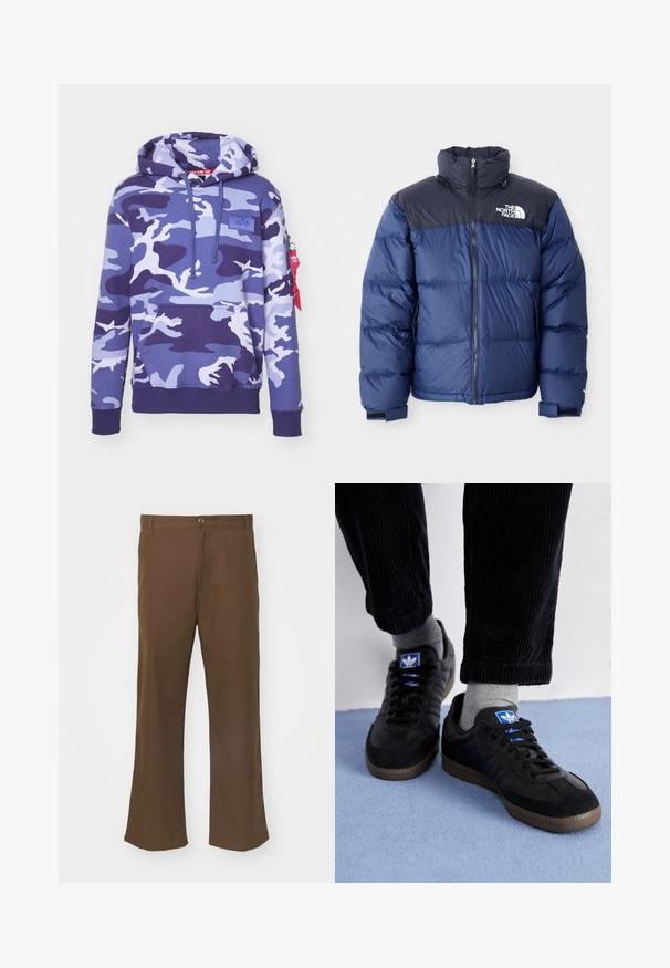 Námořnická modrá péřová bunda s černou horní částí, vysokým límcem, předním zipem a logem na hrudi. Bulky textura a elastické manžety.; Fialová maskáčová mikina s kapucí na stahovací šňůrku, přední kapsou a žebrovanými manžetami. Obsahuje značkovou nášivku a boční kapsu na zip.; Hnědé rozšířené kalhoty vyrobené ze hladké tkaniny s zapínáním na knoflík, které mají přední kapsy a rovné švy podél nohavic.; Černé tenisky z semišového a koženého materiálu, s modrým logem a hnědou gumovou podrážkou. Spárováno se šedými ponožkami a manšestrovými kalhotami.