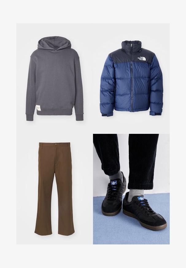 Giacca a vento blu navy con sezione superiore nera, colletto alto, zip frontale e logo sul petto. Texture imbottita e polsini elasticizzati.; Felpa grigia con cappuccio e finitura testurizzata, dotata di maniche lunghe, vestibilità ampia e un'etichetta laterale che dettaglia il marchio.; Pantaloni a zampa d'elefante marroni realizzati in tessuto morbido, con chiusura a bottone, dotati di tasche frontali e cuciture dritte lungo le gambe.; Scarpe da ginnastica nere in materiale scamosciato e in pelle, con un logo blu e una suola in gomma marrone. Abbinati a calzini grigi e pantaloni in velluto a coste.