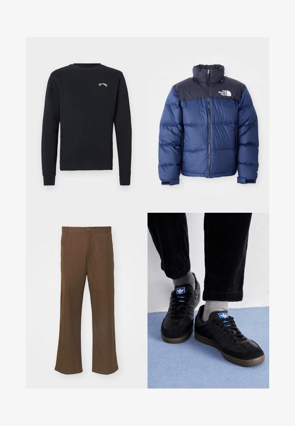 Navy blue puffer jacket featuring a black top section, high collar, front zipper, and logo on the chest. Bulked texture and elastic cuffs.; Navy blue sweatshirt made of cotton with a crew neckline, ribbed cuffs and hem. Features a small embroidered logo on the chest.; Brown flared trousers made of smooth fabric with a button closure, featuring front pockets and straight seams along the legs.; Black sneakers with suede and leather material, featuring a blue logo and brown rubber sole. Paired with gray socks and corduroy pants.