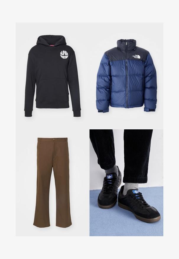 Tamsiai mėlynas pūkinis švarkas su juodu viršutiniu seksi, aukštu apykakle, priekiniais užtrauktukais ir logotipu ant krūtinės. Masyvūs tekstūros elementai ir elastingos rankogaliai.; Juodas džemperis, pagamintas iš medvilnės ir sintetinio pluošto mišinio. Yra priekinis kengūriška kišenė, balta logotipas kairiajame krūtinės pusėje ir išmegztos rankogaliai bei apatinė dalis.; Rudos flared kelnes, pagamintos iš lygaus audinio, su sagčių uždarymu, turinčios priekines kišenes ir tiesias siūles palei kojas.; Juodi sportiniai bateliai, pagaminti iš zomšos ir odos, su mėlynu logotipu ir rudu gumuotu padu. Derinami su pilkais kojiniais ir kordūroje pagamintomis kelnėmis.