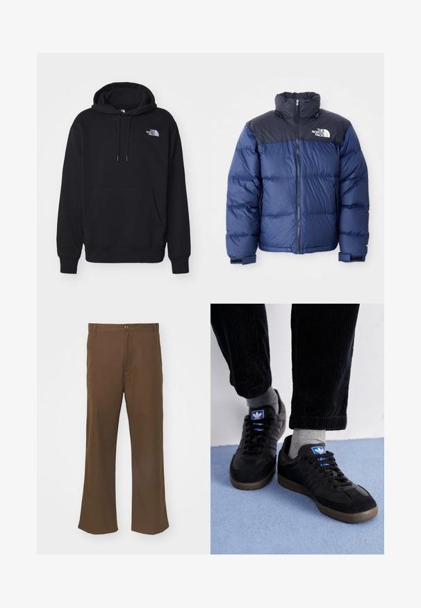Námořnická modrá péřová bunda s černou horní částí, vysokým límcem, předním zipem a logem na hrudi. Bulky textura a elastické manžety.; Černá mikina s kapucí vyrobená z měkkého materiálu, obsahující přední kapsu, stahovací šňůrku a malé bílé logo na levé horní části hrudi.; Hnědé rozšířené kalhoty vyrobené ze hladké tkaniny s zapínáním na knoflík, které mají přední kapsy a rovné švy podél nohavic.; Černé tenisky z semišového a koženého materiálu, s modrým logem a hnědou gumovou podrážkou. Spárováno se šedými ponožkami a manšestrovými kalhotami.