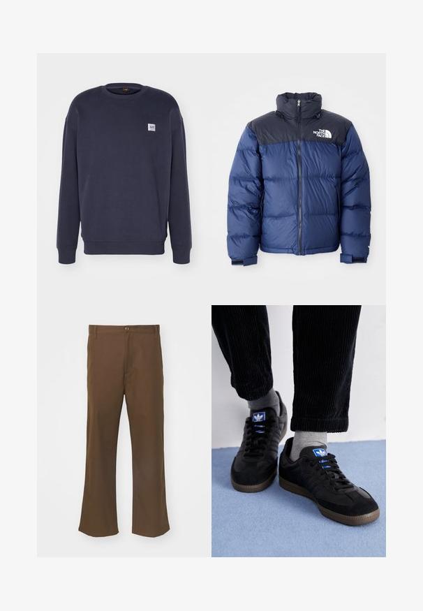 Giacca a vento blu navy con sezione superiore nera, colletto alto, zip frontale e logo sul petto. Texture imbottita e polsini elasticizzati.; Lee WORKWEAR - Felpa - washed black; Pantaloni a zampa d'elefante marroni realizzati in tessuto morbido, con chiusura a bottone, dotati di tasche frontali e cuciture dritte lungo le gambe.; Scarpe da ginnastica nere in materiale scamosciato e in pelle, con un logo blu e una suola in gomma marrone. Abbinati a calzini grigi e pantaloni in velluto a coste.