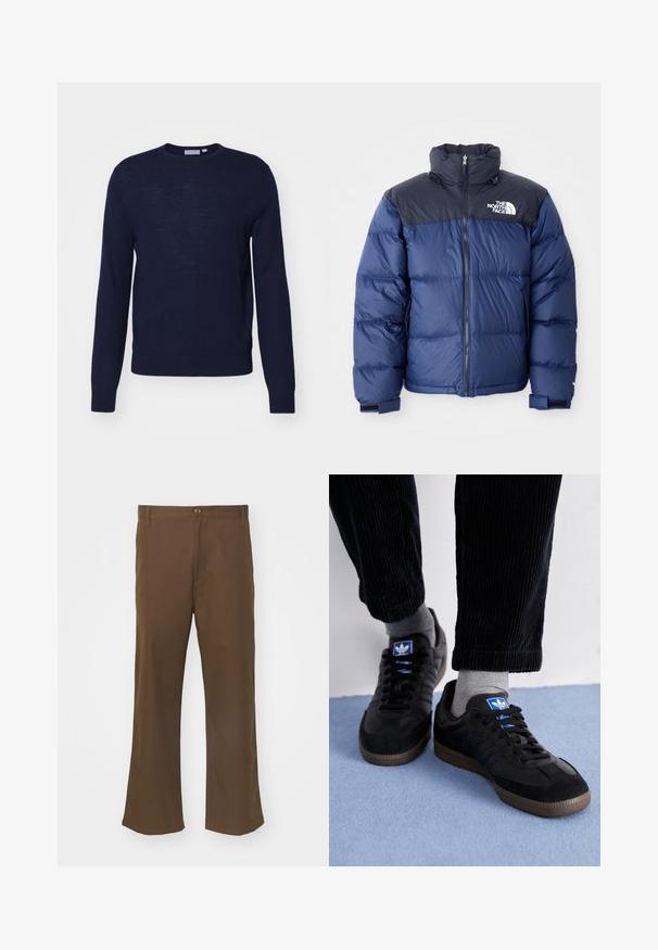 Navyblauer Daunenjacke mit schwarzem Oberteil, hohem Kragen, Frontreißverschluss und Logo auf der Brust. Mit voluminöser Textur und elastischen Bündchen.; Tiger of Sweden CONNOR - Strickpullover - light ink; Braune, ausgestellte Hosen aus glattem Stoff mit einem Knopfverschluss, ausgestattet mit Fronttaschen und geraden Nähten entlang der Beine.; Schwarze Sneaker aus Wildleder und Leder, ausgestattet mit einem blauen Logo und einer braunen Gummisohle. Kombiniert mit grauen Socken und Cordhosen.