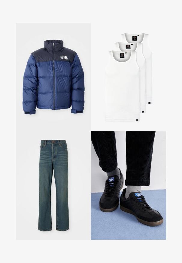 Granatowa kurtka puchowa z czarną górną częścią, wysokim kołnierzem, zamkiem błyskawicznym z przodu oraz logo na klatce piersiowej. Posiada masywną teksturę i elastyczne mankiety.; Trzy białe prążkowane koszulki na ramiączkach wykonane z bawełny. Posiadają okrągły dekolt i małe czarne metki blisko dolnego brzegu. Dostępne w różnych rozmiarach.; Niebieskie dżinsy z prostymi nogawkami, z pięcioma kieszeniami, z zapięciem na guzik i lekkim wyblaknięciem z przodu.; Czarne trampki z materiału zamszowego i skórzanego, z niebieskim logo i brązową gumową podeszwą. Dobrane z szarymi skarpetkami i spodniami z korduroju.