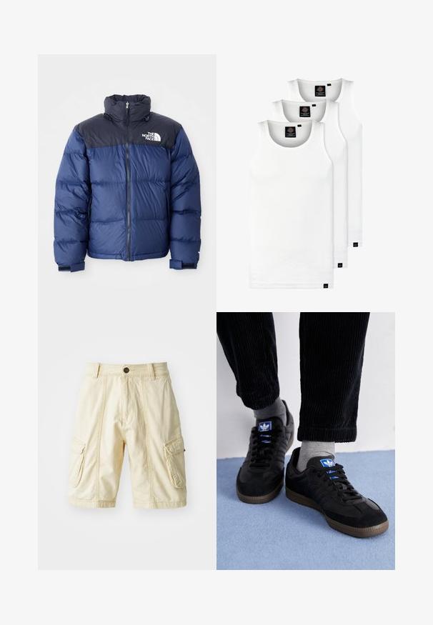 Tamsiai mėlynas pūkinis švarkas su juodu viršutiniu seksi, aukštu apykakle, priekiniais užtrauktukais ir logotipu ant krūtinės. Masyvūs tekstūros elementai ir elastingos rankogaliai.; Trys balti, dryžuoti marškiniai be rankovių, pagaminti iš medvilnės. Yra apvalus kaklas ir maži juodi etiketės netoli siūlės. Siūlomi įvairių dydžių.; Keliuose ilgumo kargo šortai šviesiai smėlio spalvos audiniu, su sagčių uždarymu, dviem didelėmis šoninėmis kišenėmis ir matomais siuvimo detalėmis.; Juodi sportiniai bateliai, pagaminti iš zomšos ir odos, su mėlynu logotipu ir rudu gumuotu padu. Derinami su pilkais kojiniais ir kordūroje pagamintomis kelnėmis.