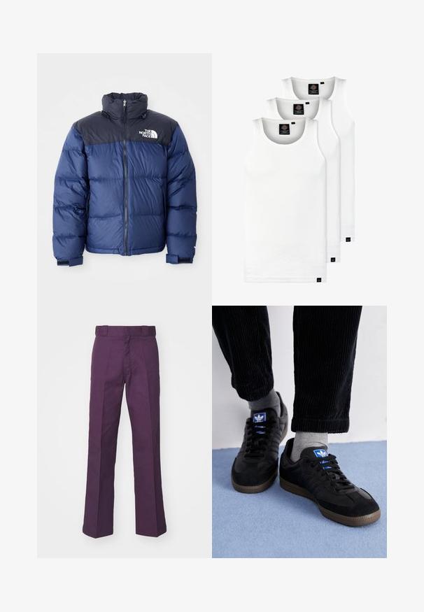Navy blue puffer jacket featuring a black top section, high collar, front zipper, and logo on the chest. Bulked texture and elastic cuffs.; Three white ribbed tank tops made of cotton. Features a crew neck and small black labels near the hem. Available in multiple sizes.; Purple wide-leg trousers made from sturdy cotton fabric featuring a flat front, belt loops, and tailored creases for a structured look.; Black sneakers with suede and leather material, featuring a blue logo and brown rubber sole. Paired with gray socks and corduroy pants.