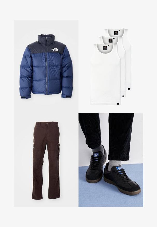 Námornícky modrá páperová bunda s čiernou hornou časťou, vysokým golierom, predným zipsom a logom na hrudi. Masívna textúra a elastické manžety.; Tri biele rebrované tielka vyrobené z bavlny. Majú okrúhly výstrih a malé čierne štítky pri leme. Dostupné v rôznych veľkostiach.; Hnedé cargo nohavice vyrobené z pevného bavlneného materiálu, s bočnými vreckami, voľným strihom a rovnými nohavicami s viditeľnými švovými detailmi.; Čierne tenisky z semišového a koženého materiálu, so modrým logom a hnedou gumovou podrážkou. V kombinácii so sivými ponožkami a kordovým nohavicami.