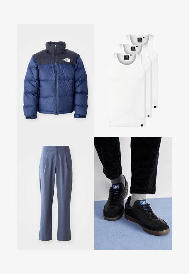 Marineblauwe puffer jacket met een zwart bovenstuk, hoge kraag, ritssluiting aan de voorkant en logo op de borst. Dikke textuur en elastische manchetten.; Drie witte geribde tanktops van katoen. Kenmerken zijn een ronde hals en kleine zwarte labels nabij de zoom. Verkrijgbaar in meerdere maten.; Marineblauwe broek met plooien, recht gesneden, gemaakt van lichtgewicht stof, met een enkele sluiting met knoop aan de voorkant en riemlussen.; Zwarte sneakers van suede en leer, met een blauw logo en een bruine rubberen zool. Gepaard met grijze sokken en corduroy broek.