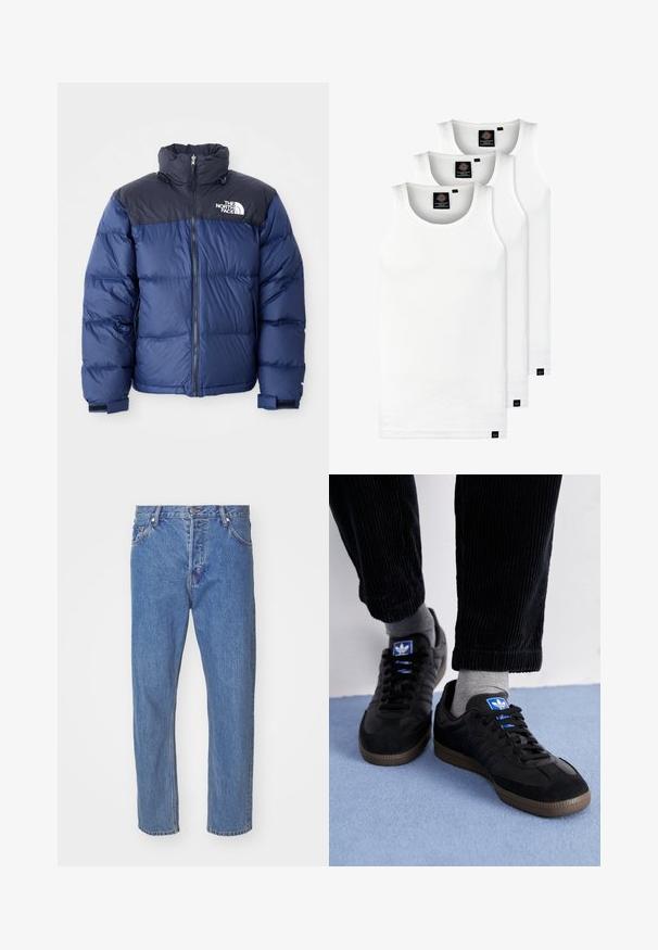 Giacca a vento blu navy con sezione superiore nera, colletto alto, zip frontale e logo sul petto. Texture imbottita e polsini elasticizzati.; Tre canotte bianche a coste in cotone. Presentano un colletto rotondo e piccole etichette nere vicino all'orlo. Disponibile in diverse taglie.; Jeans in denim blu con design a gamba dritta, dotati di zip, cinque tasche e dettagli di scoloritura leggeri. Fit classico a vita media.; Scarpe da ginnastica nere in materiale scamosciato e in pelle, con un logo blu e una suola in gomma marrone. Abbinati a calzini grigi e pantaloni in velluto a coste.