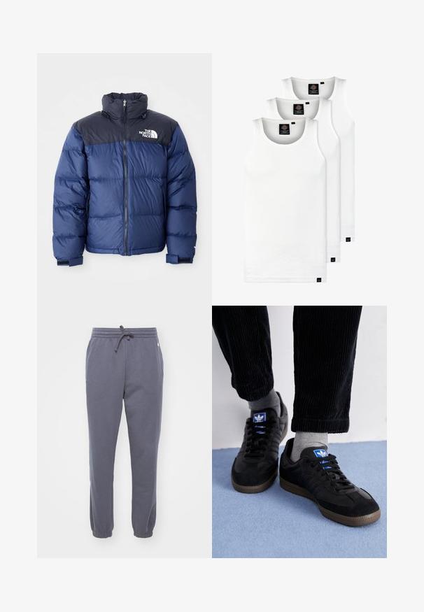 Tamsiai mėlynas pūkinis švarkas su juodu viršutiniu seksi, aukštu apykakle, priekiniais užtrauktukais ir logotipu ant krūtinės. Masyvūs tekstūros elementai ir elastingos rankogaliai.; Trys balti, dryžuoti marškiniai be rankovių, pagaminti iš medvilnės. Yra apvalus kaklas ir maži juodi etiketės netoli siūlės. Siūlomi įvairių dydžių.; Pilkos pliušinės sportinės kelnytės su elastingu juosmeniu ir raišteliu. Kelių raukšlių apvadas ir šoninės kišenės detalė. Minkšta tekstūra, tinkanti kasdieniam dėvėjimui.; Juodi sportiniai bateliai, pagaminti iš zomšos ir odos, su mėlynu logotipu ir rudu gumuotu padu. Derinami su pilkais kojiniais ir kordūroje pagamintomis kelnėmis.