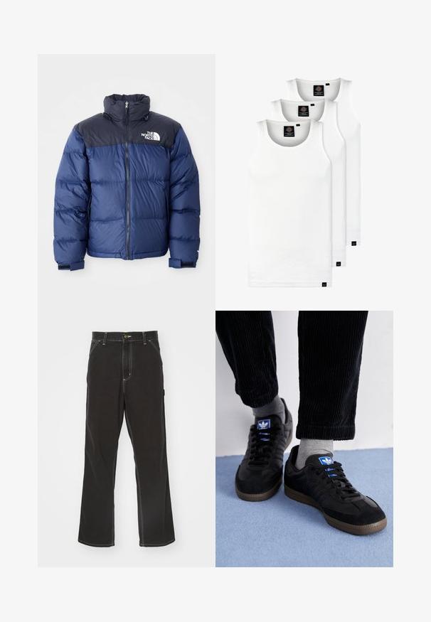 Navy blue puffer jacket featuring a black top section, high collar, front zipper, and logo on the chest. Bulked texture and elastic cuffs.; Three white ribbed tank tops made of cotton. Features a crew neck and small black labels near the hem. Available in multiple sizes.; Black denim trousers with a straight leg cut, contrast white stitching, front pockets, and a button closure at the waist.; Black sneakers with suede and leather material, featuring a blue logo and brown rubber sole. Paired with gray socks and corduroy pants.