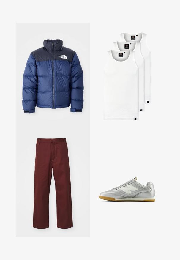 Mornarsko modra puhasta jakna z black zgornjim delom, visokim ovratnikom, sprednjim zadrgo in logotipom na prsih. Debela tekstura in elastični manšeti.; Tri bele rebraste majice brez rokavov iz bombaža. Imajo okroglo izreza in majhne črne etikete blizu roba. Na voljo v več velikostih.; Burgundske hlače ravnega kroja iz gladkega materiala; imajo zaponko na gumb in sprednji žep. Preprost dizajn z okrasnimi šivi.; Srebrna športna čevlja z gladko, sijočo površino, belim logotipom na strani, teksturiranimi sivo-špageti in gumijastim podplatom.