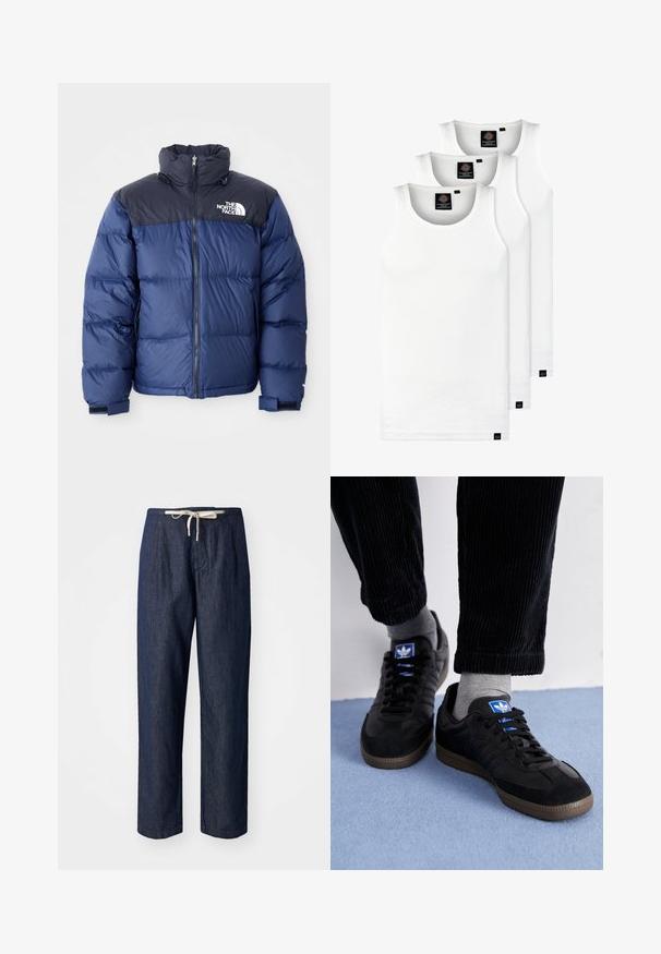 Tumši zils pūkainais apmetnis ar melnu augšējo daļu, augstu apkakli, priekšējo rāvējslēdzēju un logo uz krūtīm. Masīva tekstūra un elastīgas aproces.; Trīs baltas ribotas krūšturi, kas izgatavoti no kokvilnas. Iezīmēti ar apaļu kakla izgriezumu un maziem melniem etiķetēm tuvu apakšmalai. Pieejami vairākos izmēros.; Tumši zili džinsi ar brīvu piegriezumu, ar auklu jostasvietā un gludu tekstūru. Taisnas kāju dizains ar krokām.; Melni sporta apavi ar zamšas un ādas materiālu, ar zilu logo un brūnu gumijas zoli. Apvienoti ar pelēkiem zeķēm un korduroja biksēm.