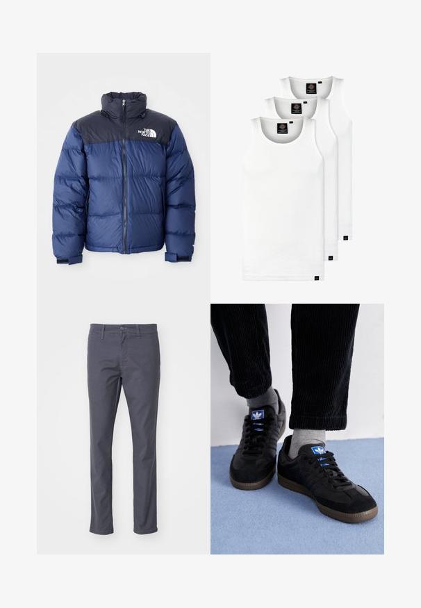Doudoune bleu marine avec une section supérieure noire, col montant, fermeture éclair sur le devant et logo sur la poitrine. Texture volumineuse et poignets élastiques.; Trois débardeurs blancs côtelés en coton. Présentent un col rond et de petites étiquettes noires près de l'ourlet. Disponibles en plusieurs tailles.; Chinos gris foncé en tissu mélangé coton. Dotés d'une fermeture à bouton et à glissière, de passants de ceinture et d'une coupe droite.; Baskets noires en suède et cuir, avec un logo bleu et une semelle en caoutchouc marron. Associées à des chaussettes grises et un pantalon en velours côtelé.