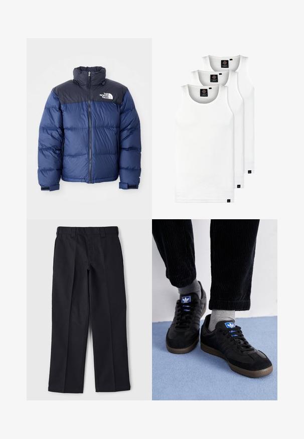 Tumesinine puhvjakas, millel on must ülemine osa, kõrge krae, eesmine visiir ja logo rinnal. Mahukas tekstuur ja elastsed mansetid.; Kolm valget ribaga t-särki, mis on valmistatud puuvillast. Omavad ümmargust kaelanõhku ja väikseid musti silte hemme lähedal. Saadaval erinevates suurustes.; Mustad mustadest riidest püksid, sirge lõikega, vöökoha juures vöökohaga ja ilma nähtavate taskuteta või kaunistusteta.; Mustad mustad, mis on valmistatud siidist ja nahast, sinise logoga ja pruunist kummist tallaga. Kombineeritud hallide sokkide ja sametpükstega.