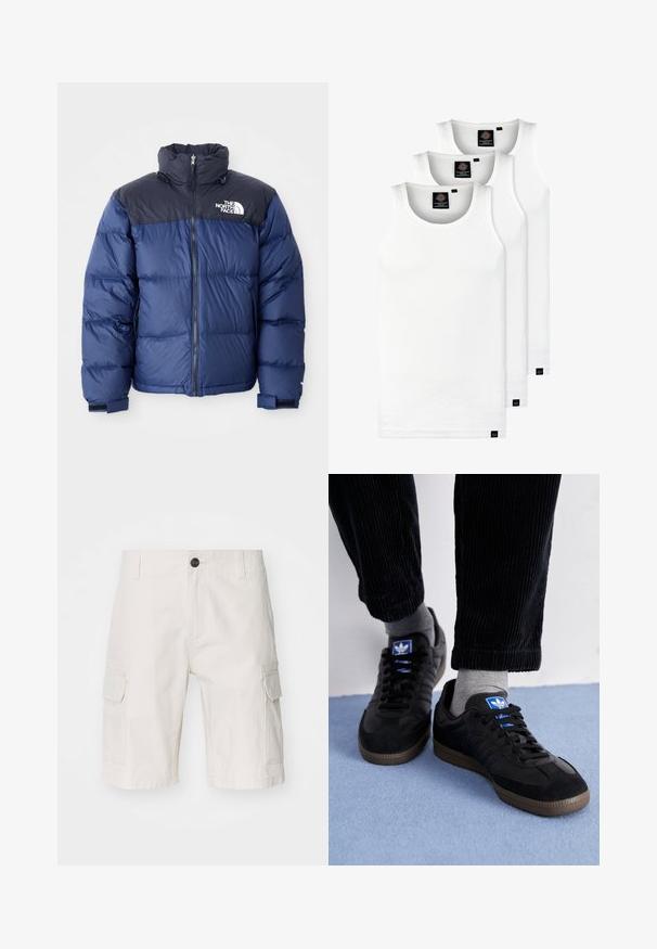 Navy blue puffer jacket featuring a black top section, high collar, front zipper, and logo on the chest. Bulked texture and elastic cuffs.; Three white ribbed tank tops made of cotton. Features a crew neck and small black labels near the hem. Available in multiple sizes.; Beige cargo shorts made of lightweight fabric, featuring two side pockets, a button closure, and a relaxed fit. Smooth texture with subtle pattern.; Black sneakers with suede and leather material, featuring a blue logo and brown rubber sole. Paired with gray socks and corduroy pants.