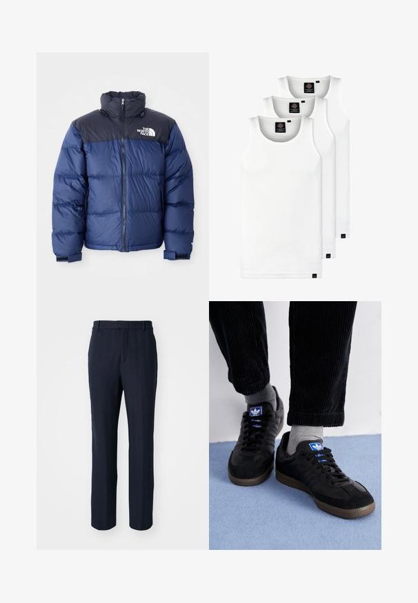 Mørkeblå pufferjakke med en sort topdel, høj krave, frontlynlås og logo på brystet. Føles bulky med elastiske manchetter.; Tre hvide ribbede tanktops lavet af bomuld. Har en rund hals og små sorte mærker nær sømmen. Fås i flere størrelser.; Mørkeblå bukser med et fiskebensmønster, lige ben-design, bæltestropper og en struktureret overflade.; Sorte sneakers lavet af ruskind og læder, med et blåt logo og en brun gummisål. Kombineret med grå sokker og kordfløjlbukser.