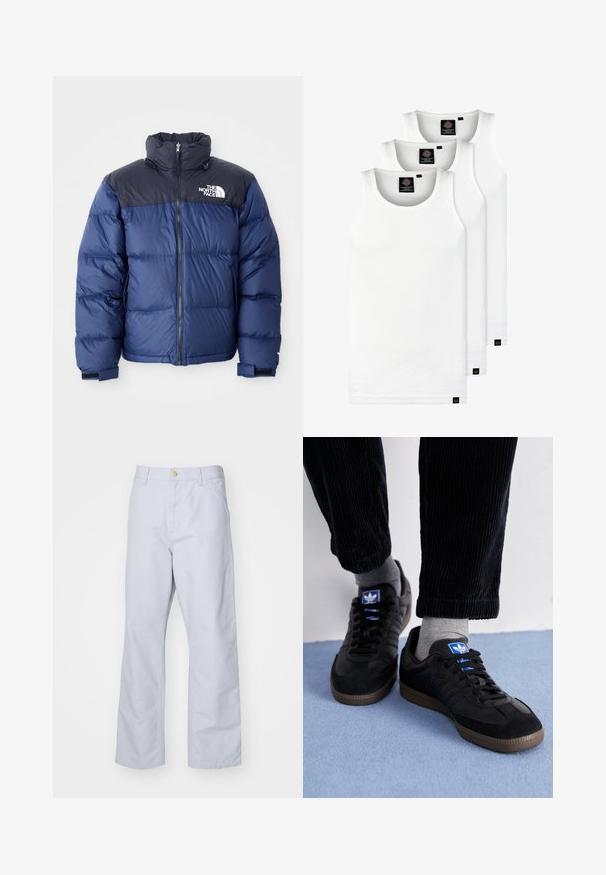 Navyblauer Daunenjacke mit schwarzem Oberteil, hohem Kragen, Frontreißverschluss und Logo auf der Brust. Mit voluminöser Textur und elastischen Bündchen.; Drei weiße, gerippte Tanktops aus Baumwolle. Merkmale einen Rundhalsausschnitt und kleine schwarze Etiketten am Saum. In mehreren Größen erhältlich.; Helleblaue, gerade geschnittene Hosen aus Baumwolle. Verfügt über eine Fronttasche, einen Reißverschluss und einen einzelnen Metallknopf am Bund.; Schwarze Sneaker aus Wildleder und Leder, ausgestattet mit einem blauen Logo und einer braunen Gummisohle. Kombiniert mit grauen Socken und Cordhosen.