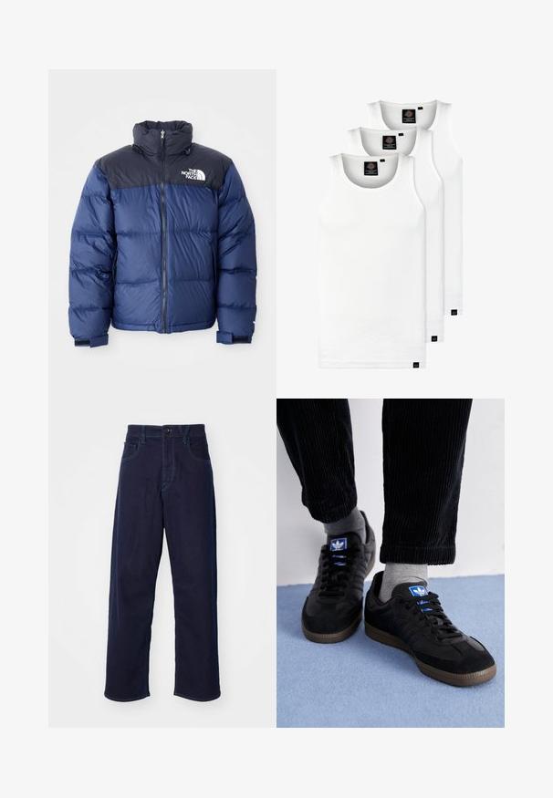 Navy blue puffer jacket featuring a black top section, high collar, front zipper, and logo on the chest. Bulked texture and elastic cuffs.; Three white ribbed tank tops made of cotton. Features a crew neck and small black labels near the hem. Available in multiple sizes.; Dark blue denim pants with a straight leg cut, featuring a front button closure, belt loops, and contrasting stitching details.; Black sneakers with suede and leather material, featuring a blue logo and brown rubber sole. Paired with gray socks and corduroy pants.