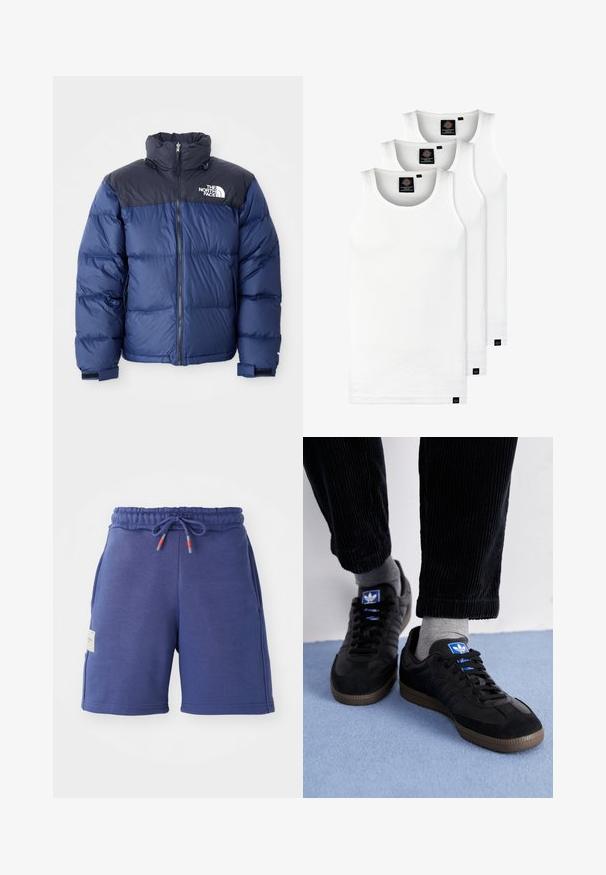 Marineblauwe puffer jacket met een zwart bovenstuk, hoge kraag, ritssluiting aan de voorkant en logo op de borst. Dikke textuur en elastische manchetten.; Drie witte geribde tanktops van katoen. Kenmerken zijn een ronde hals en kleine zwarte labels nabij de zoom. Verkrijgbaar in meerdere maten.; Navyblauwe sweatshorts met een elastische tailleband, accenten van een trekkoord en zijzakken. Gemaakt van een zachte stof met een gladde textuur.; Zwarte sneakers van suede en leer, met een blauw logo en een bruine rubberen zool. Gepaard met grijze sokken en corduroy broek.