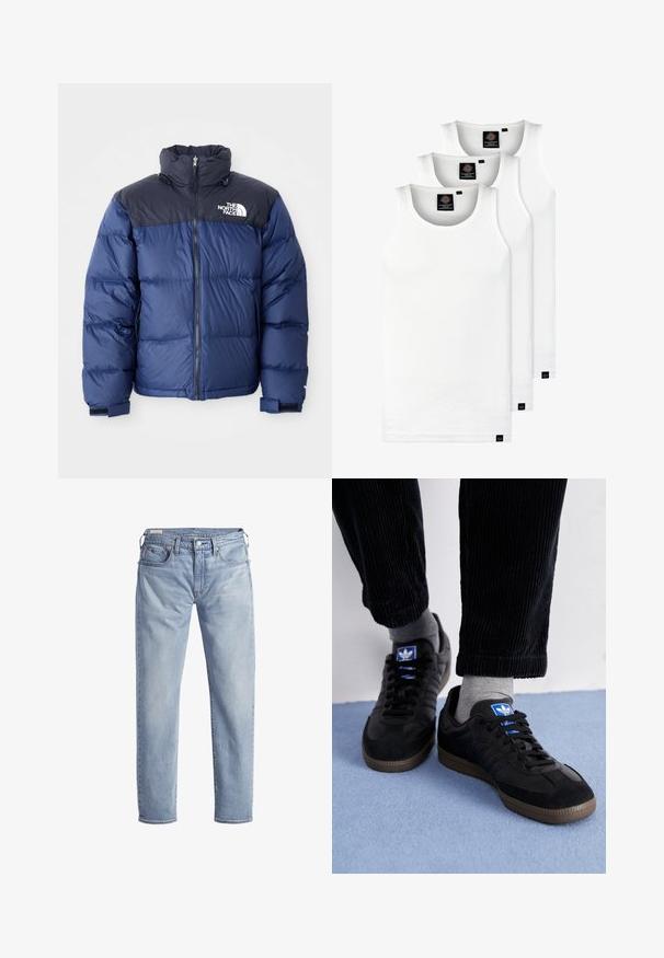 Giacca a vento blu navy con sezione superiore nera, colletto alto, zip frontale e logo sul petto. Texture imbottita e polsini elasticizzati.; Tre canotte bianche a coste in cotone. Presentano un colletto rotondo e piccole etichette nere vicino all'orlo. Disponibile in diverse taglie.; Jeans in denim blu chiaro con design a gamba dritta, cinque tasche e chiusura a bottone metallico. Il tessuto presenta una leggera sbiaditura e una consistenza morbida.; Scarpe da ginnastica nere in materiale scamosciato e in pelle, con un logo blu e una suola in gomma marrone. Abbinati a calzini grigi e pantaloni in velluto a coste.