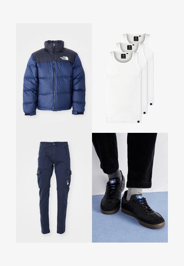 Marineblauwe puffer jacket met een zwart bovenstuk, hoge kraag, ritssluiting aan de voorkant en logo op de borst. Dikke textuur en elastische manchetten.; Drie witte geribde tanktops van katoen. Kenmerken zijn een ronde hals en kleine zwarte labels nabij de zoom. Verkrijgbaar in meerdere maten.; Alpha Industries PETROL PATCH - Cargobroek - ultra navy; Zwarte sneakers van suede en leer, met een blauw logo en een bruine rubberen zool. Gepaard met grijze sokken en corduroy broek.