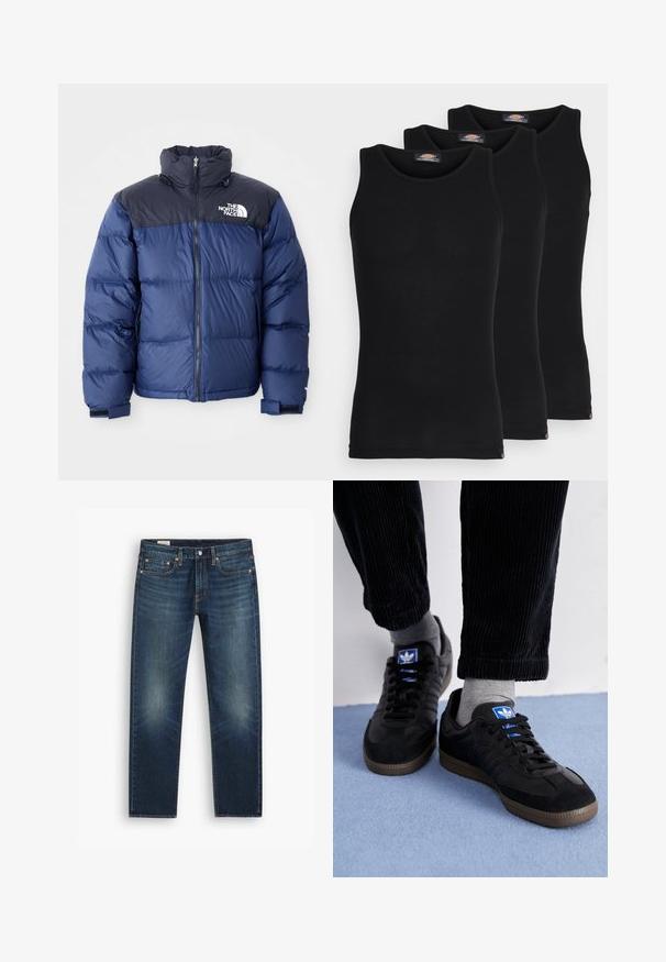 Mörkblå puffjacka med en svart övre del, hög krage, frontdragkedja och logotyp på bröstet. Fuktskyddande textur och elastiska ärmslut.; Svarta linnen i ett paket med tre. Ribbad textur, standard rund halsringning, utan ärmar. Nederkant med liten logotyp i botten.; Blå denimjeans med rak benmodell, med ljus blekning, kopparnitar och ett klassiskt midjeband med knappstängning.; Svarta sneakers med mocka- och lädermaterial, med en blå logotyp och brun gummisul. I kombination med grå strumpor och kordbyxor.