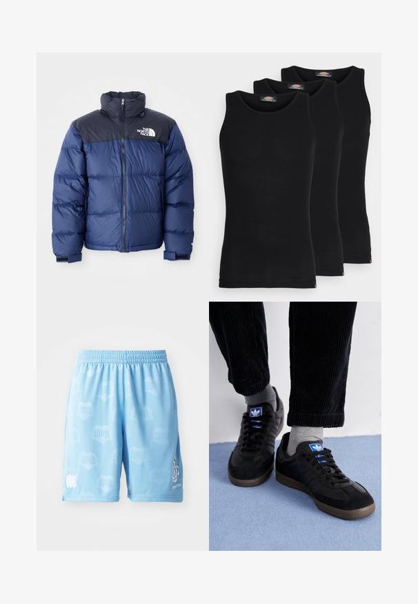 Navy blue puffer jacket featuring a black top section, high collar, front zipper, and logo on the chest. Bulked texture and elastic cuffs.; Black tank tops in a pack of three. Ribbed texture, standard crew neckline, no sleeves. Hem features small brand logo at the bottom.; Light blue athletic shorts made of smooth fabric, featuring a subtle pattern, an elastic waistband, and printed logo accents on one leg.; Black sneakers with suede and leather material, featuring a blue logo and brown rubber sole. Paired with gray socks and corduroy pants.
