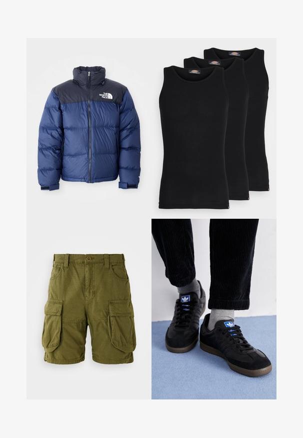 Mørkeblå puffjakke med svart toppseksjon, høy krage, glidelås foran og logo på brystet. Bulkete tekstur og elastiske mansjetter.; Sorte tanktopper i en pakke med tre. Ribbet tekstur, standard rund hals, uten ermer. Sømmen har en liten merkevarelogo nederst.; Oliven grønne cargo shorts laget av bomullsblend. Har to store sidelommer og en knappelukking med beltehemper. Glatt tekstur.; Sorte joggesko laget av semsket skinn og lær, med en blå logo og brun gummisåle. Paret med grå sokker og kordfløylebukser.