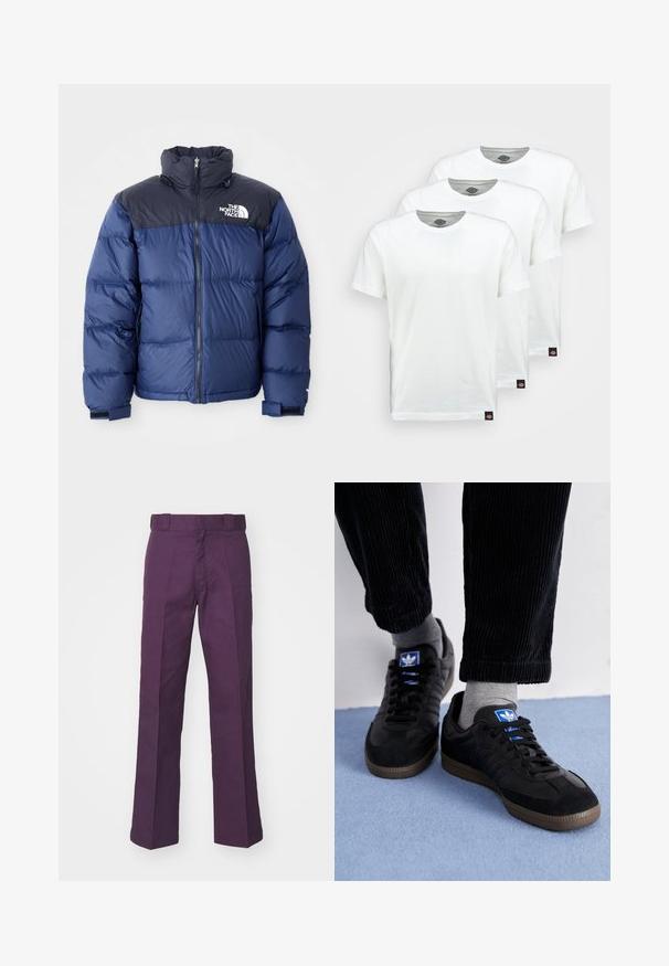 Tamsiai mėlynas pūkinis švarkas su juodu viršutiniu seksi, aukštu apykakle, priekiniais užtrauktukais ir logotipu ant krūtinės. Masyvūs tekstūros elementai ir elastingos rankogaliai.; Trys paprasti balti medvilniniai marškiniai trumpomis rankovėmis. Kiekvienas marškinys turi apvalų kaklo iškirpimą ir mažą juodą logotipo etiketę kairėje pusėje.; Violet plačios kojos kelnės, pagamintos iš tvirto džinsinio audinio, su lygia priekiu, diržo kilpomis ir siuvinėtais brūkšneliais, suteikiančiais struktūruotą išvaizdą.; Juodi sportiniai bateliai, pagaminti iš zomšos ir odos, su mėlynu logotipu ir rudu gumuotu padu. Derinami su pilkais kojiniais ir kordūroje pagamintomis kelnėmis.