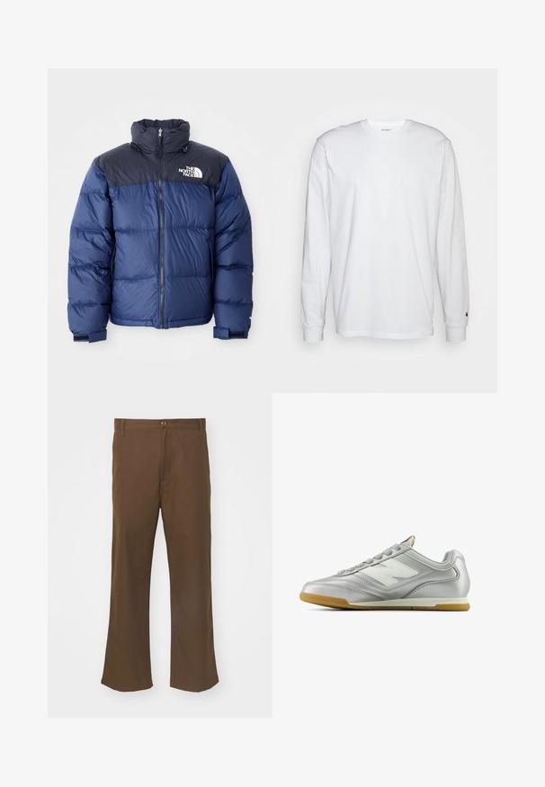 Navyblauer Daunenjacke mit schwarzem Oberteil, hohem Kragen, Frontreißverschluss und Logo auf der Brust. Mit voluminöser Textur und elastischen Bündchen.; Weißes Langarm-T-Shirt aus Baumwolle. Rundhals-Design mit gerippten Bündchen und kleinem Logo auf dem linken Ärmel. Glatte Textur.; Braune, ausgestellte Hosen aus glattem Stoff mit einem Knopfverschluss, ausgestattet mit Fronttaschen und geraden Nähten entlang der Beine.; Silberner Sportschuh mit einer glatten, glänzenden Oberfläche, weißem Logo an der Seite, strukturierten grauen Schnürsenkeln und einer Sohle aus Gummi.