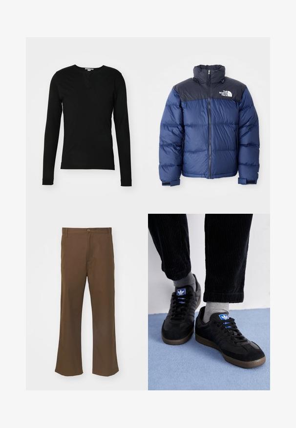 Tumesinine puhvjakas, millel on must ülemine osa, kõrge krae, eesmine visiir ja logo rinnal. Mahukas tekstuur ja elastsed mansetid.; Tiger of Sweden JASPAH - Pikkade varrukatega topp - black; Pruunid laiad püksid siledast kangast, millel on nööbiga sulgur, esipocketid ja sirged õmblused jalgade ääres.; Mustad mustad, mis on valmistatud siidist ja nahast, sinise logoga ja pruunist kummist tallaga. Kombineeritud hallide sokkide ja sametpükstega.