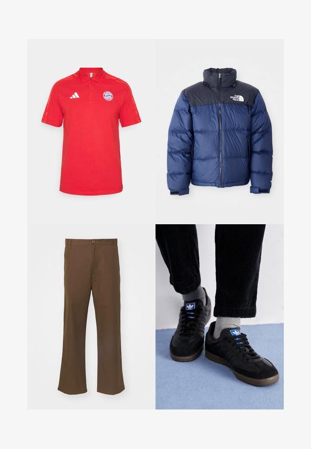 Námořnická modrá péřová bunda s černou horní částí, vysokým límcem, předním zipem a logem na hrudi. Bulky textura a elastické manžety.; Červená bavlněná polo košile s límečkem, krátkým rukávem, třemi bílými pruhy na ramenou a logem Bayernu Mnichov na hrudi.; Hnědé rozšířené kalhoty vyrobené ze hladké tkaniny s zapínáním na knoflík, které mají přední kapsy a rovné švy podél nohavic.; Černé tenisky z semišového a koženého materiálu, s modrým logem a hnědou gumovou podrážkou. Spárováno se šedými ponožkami a manšestrovými kalhotami.