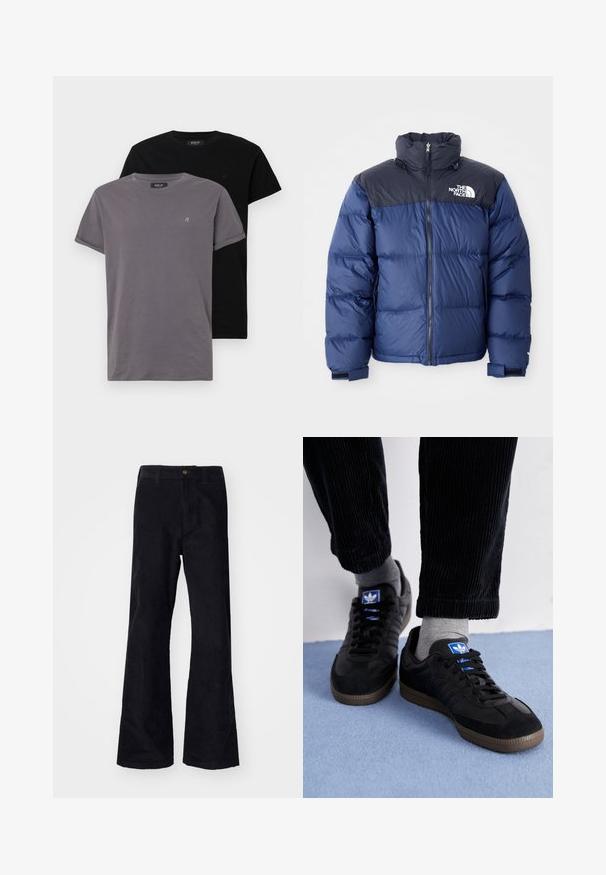 Navy blue puffer jacket featuring a black top section, high collar, front zipper, and logo on the chest. Bulked texture and elastic cuffs.; Two crew neck t-shirts; one grey, one black. Both are made of soft cotton and feature rolled sleeves with a small logo on the chest.; Black, cotton flared pants with a traditional waistband, single front button, and pockets at the sides and back. Smooth texture.; Black sneakers with suede and leather material, featuring a blue logo and brown rubber sole. Paired with gray socks and corduroy pants.