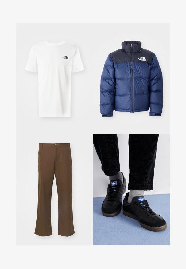 Jachetă puffer bleu marin, cu o secțiune superioară neagră, guler înalt, fermoar frontal și logo pe piept. Textură voluminoasă și manșete elastice.; Tricou alb cu mânecă scurtă, fabricat din bumbac. Are un mic logo negru pe pieptul stâng. Culoare dreaptă și guler rotund.; Pantaloni evazați cu nuanță maronie, confecționați dintr-un material neted, cu închidere prin buton, având buzunare frontale și cusături drepte pe lungimea picioarelor.; Tenisi negri din material de gamă suede și piele, având un logo albastru și o talpă din cauciuc maro. Asortați cu șosete gri și pantaloni din bumbac cord sau.