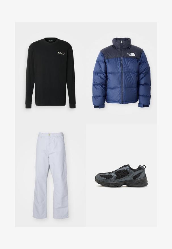 Tengerészkék pufferszövet kabát fekete felső résszel, magas gallérral, elől zipzárral és logóval a mellkason. Bulkos textúra és elasztikus mandzsetta.; KAVU ETCH ART - Hosszú ujjú felső - black; Világoskék, egyenes szabású pamut nadrág. Elöl zsebből, cipzáras záródással és egy fém gombbal rendelkezik a derékon.; Fekete és szürke sportcipők, texturált hálós felsőrésszel, gumi talppal és támogató kialakítással. A logó és a fűzőrendszer jellemzi.