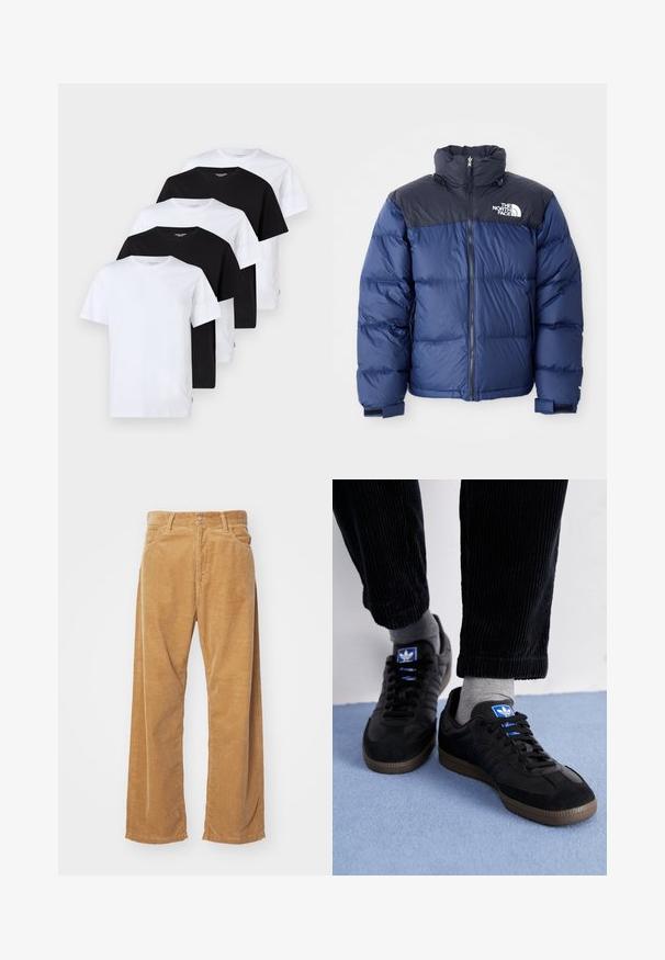 Navy blue puffer jacket featuring a black top section, high collar, front zipper, and logo on the chest. Bulked texture and elastic cuffs.; Five short-sleeve t-shirts displayed: two white, three black. Each is made of cotton, featuring a crew neckline and a regular fit.; Corduroy wide-leg pants in a tan color. Features textured, vertical ridges, with a standard waistband and two front pockets.; Black sneakers with suede and leather material, featuring a blue logo and brown rubber sole. Paired with gray socks and corduroy pants.