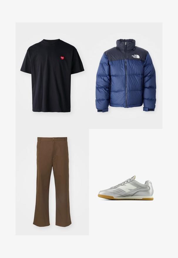 Tumesinine puhvjakas, millel on must ülemine osa, kõrge krae, eesmine visiir ja logo rinnal. Mahukas tekstuur ja elastsed mansetid.; Must musta T-särk ümmarguse kaeluse ja lühikeste varrukatega. Vasakul rinnal on väike punane südame logo.; Pruunid laiad püksid siledast kangast, millel on nööbiga sulgur, esipocketid ja sirged õmblused jalgade ääres.; Hõbedane spordijalats sileda, läikiva pinnaga, valge logo küljes, tekstuuriga hallid paelad ja kummist soe põhi.